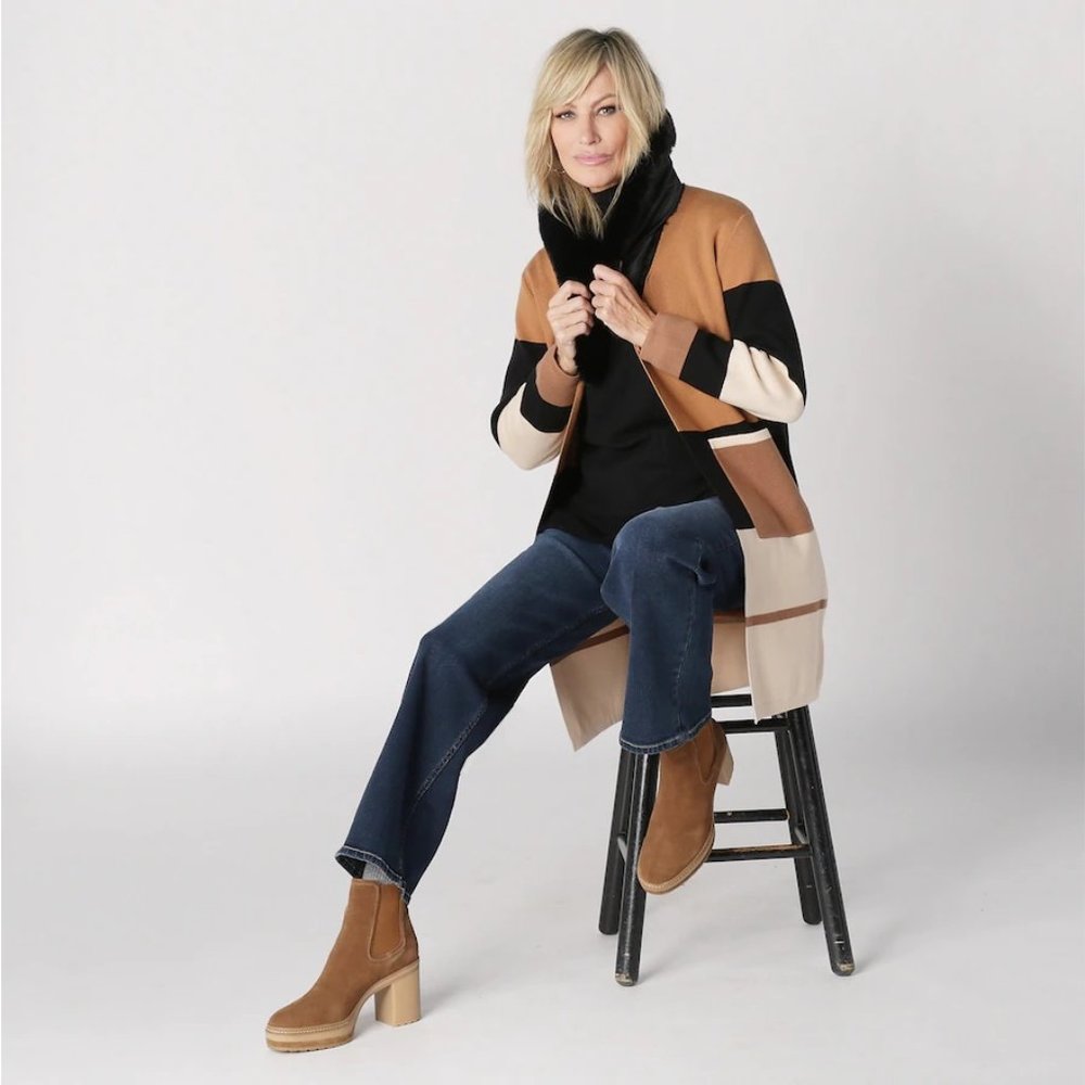 Brian Bailey Knit Colour Block Cardigan Coat With Removable Faux Fur Collar